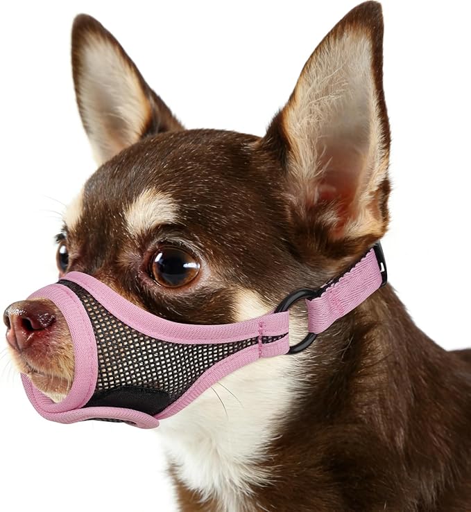 Mayerzon Mesh Dog Muzzle for Short Snout Small Dogs, Adjustable Muzzle for Chihuahua Yorkshire Shih Tzu, Prevent Fierce Barking Biting Eating, for Grooming Vet Visits, Allow to Pant Drink (Pink, XXS)