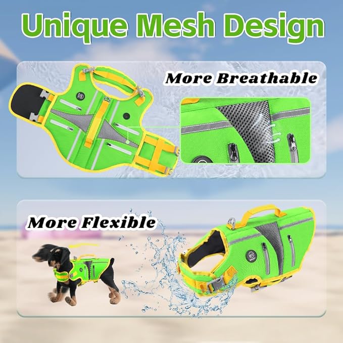 EMUST Dog Life Vest for Boating, Adjustable Large Dog Safety Vest with Reflective Stripes, Ripstop Life Jacket for Pets for Swimming with Superior Buoyancy, Green, L