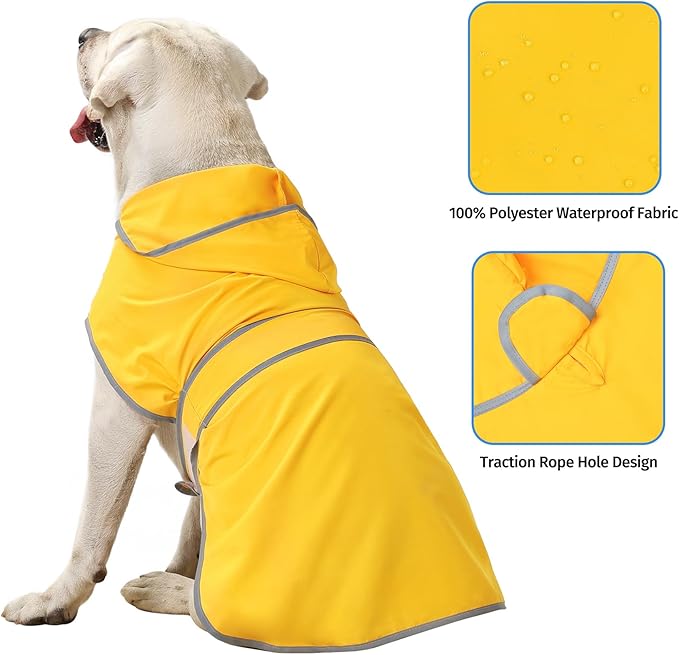 Dog Raincoat for Large Dogs Waterproof Jacket Hooded Rain Coats with Reflective Strips Leash Hole & Poncho Adjustable Fit (Yellow,XXL)