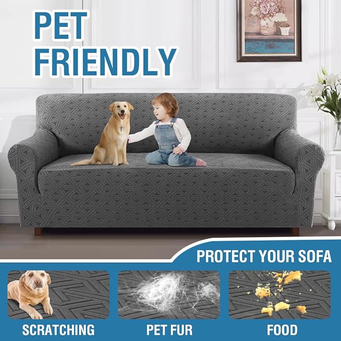 H.VERSAILTEX Jacquard Sofa Cover for Dogs 1 Piece Stretch Sofa Covers Anti-Slip Furniture Protector with Elastic Bottom Soft Thickened Slipcovers Washable Diamond Pattern(Sofa, Grey)