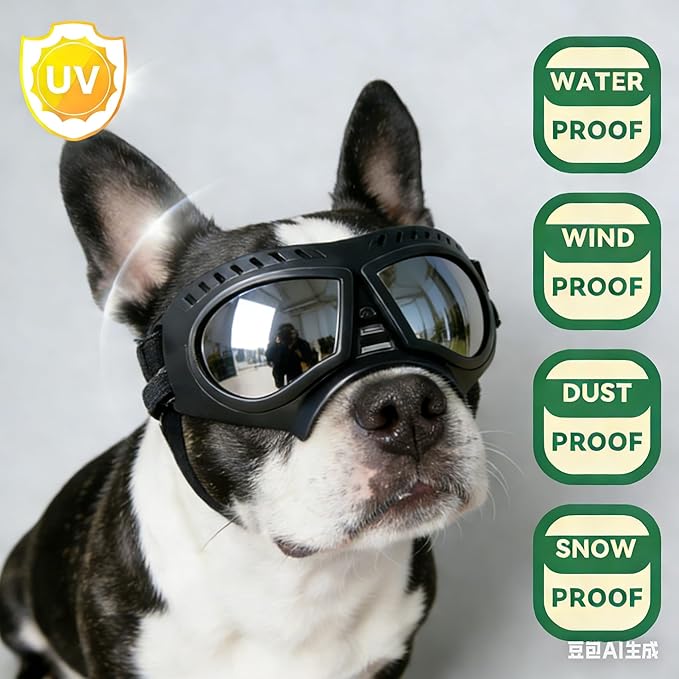 Namsan Dog Goggles Small Breed, Wide Snout & Soft Frame, Tactical Driving Sunglasses for Dogs Small to Medium Breed, Anti-UV Dog Eye Protection, Windproof Dustproof, Adjustable, Silver Lens
