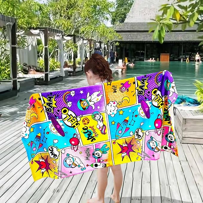 YIFONTIN 4 Pack Kids Beach Towel 100% Cotton Velour Terry Soft Absorbent Throw Blanket 25.5x51 inch Gift for Bath Swimming Pool Sports Holiday Travel, Pirates Gator Surfboard Puppy Rocket Unicorn Bus.