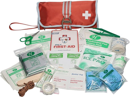 Kurgo Dog First Aid Kit - Emergency Care for Dogs on Hikes & Travel - Includes Dog First Aid Guide - 50 Pieces - Durable Oxford Fabric - Compact Travel Aid Kit