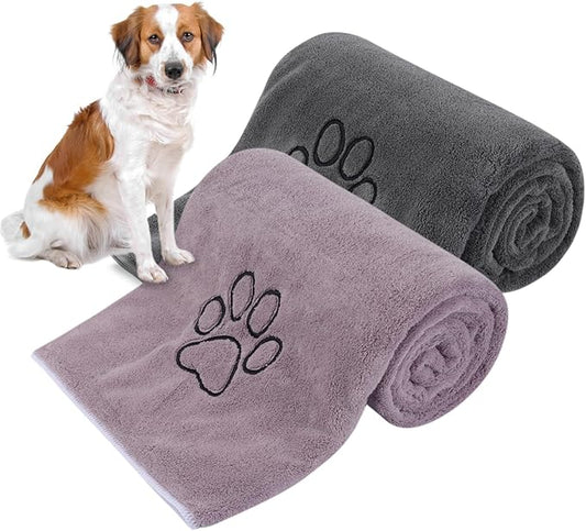 KinHwa Dog Towels Super Absorbent Microfiber for Small, Medium Dog Drying Towel for Drying Dogs Soft Pet Bath Towels and Cats with Embroidered Paw Pure+Grey 20inchx36inch