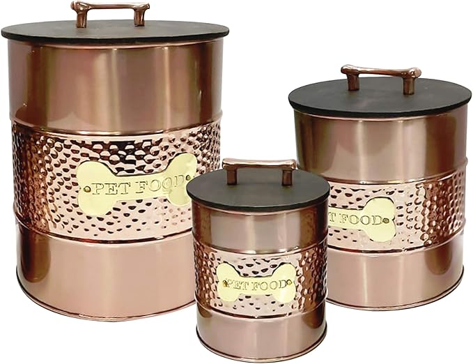 nu steel metal hammered copper 3 Pc set Jumbo Pet Canister with sturdy bone plaque, Dog Food Treat Storage Container Jar with wooden Lid with bone handle, Tight Fitting Lids for Dog Biscuit Cookies