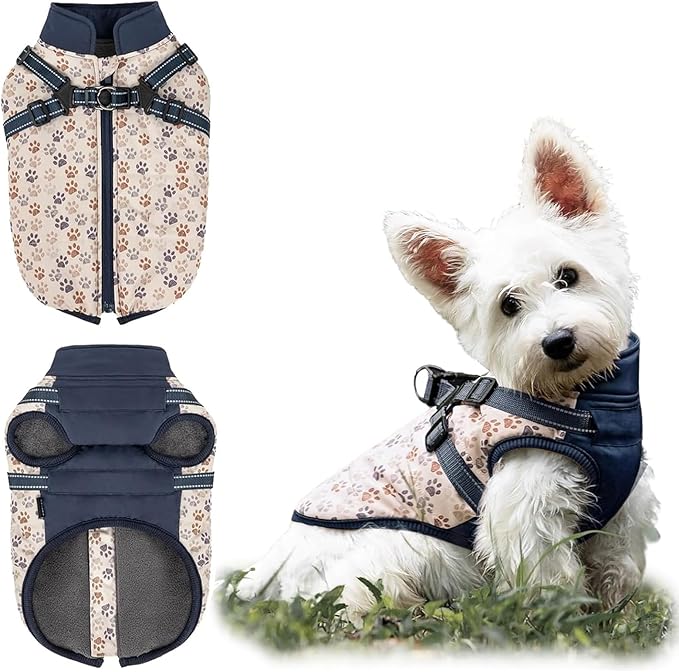 Dog Winter Coat for Small & Medium Dogs, Waterproof Dog Coat with Harness, Puppies Windproof Puppy Puffer Jacket, Snowsuit for Dachshund, Frenchie, Corgi (Paw Blue,XL)