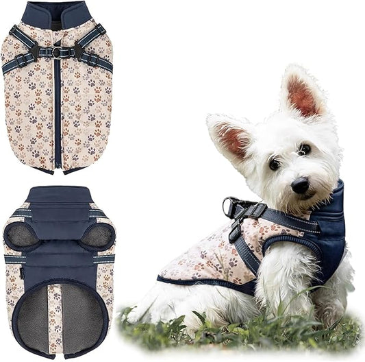 Dog Winter Coat for Small & Medium Dogs, Waterproof Dog Coat with Harness, Puppies Windproof Puppy Puffer Jacket, Snowsuit for Dachshund, Frenchie, Corgi (Paw Blue,L)