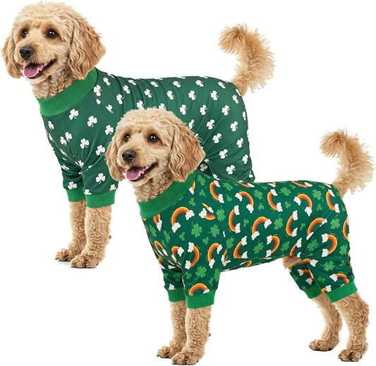 Vehomy 2-Pack St.Patrick's Day Dog Pajamas Clover Rainbow Pet Jumpsuits Puppy Pjs Lucky Shamrock Dog Onesie St Patricks Dog Jammies Costume Outfit Clothes for Small Medium Large Dogs L
