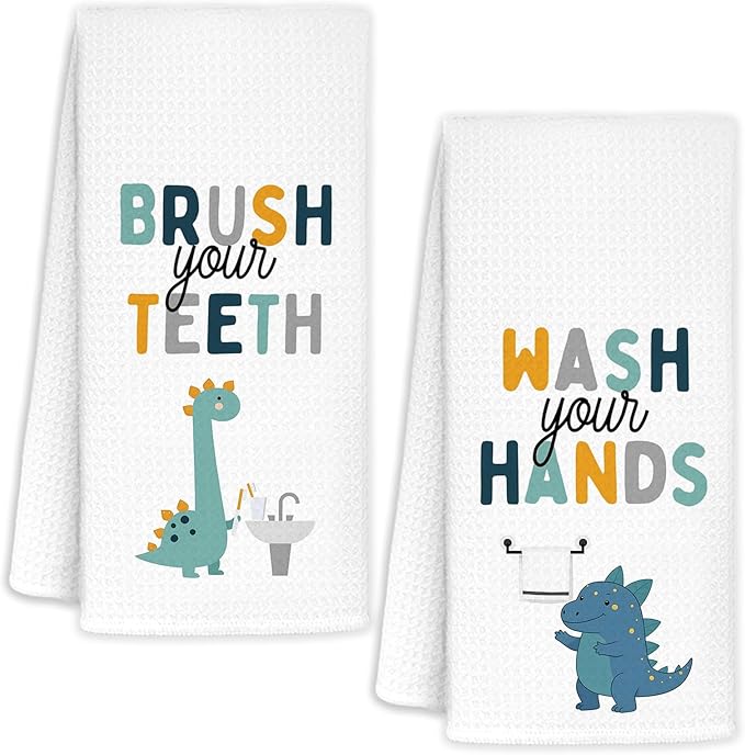 Funny Dinosaur Bathroom Hand Towels Set of 2, Dinosaur Gifts for Kids, Kids Bathroom Decor, Brush Your Teeth Wash Your Hands Hand Towels for Bath Room Washroom Toilet, 16x24 Inch