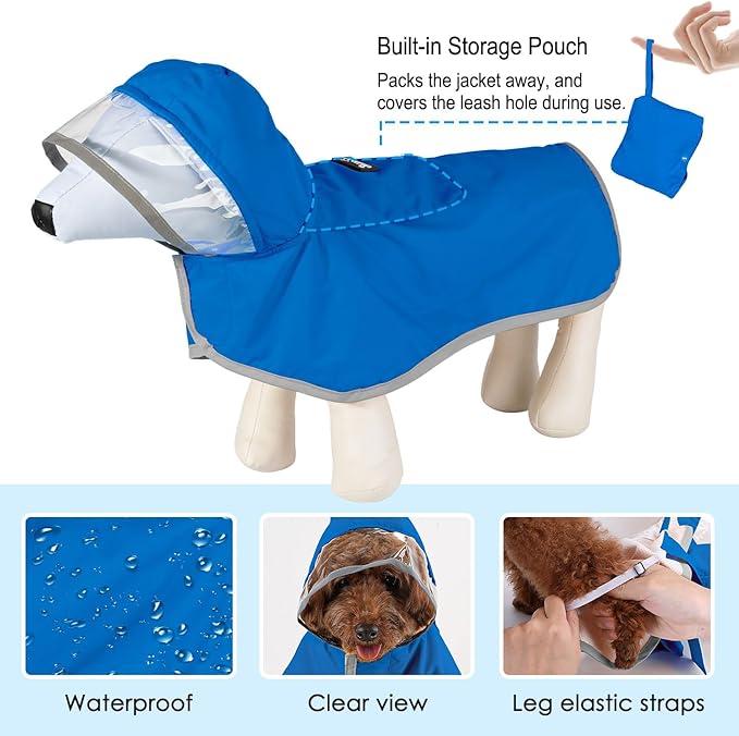 Lukovee Dog Raincoat, Adjustable Dog Rain Jacket with Clear Hooded Double Layer for Large Medium Small Dogs Puppies, Waterproof Rain Coat Poncho with Reflective Storage Pocket & Rim (BL,XL)