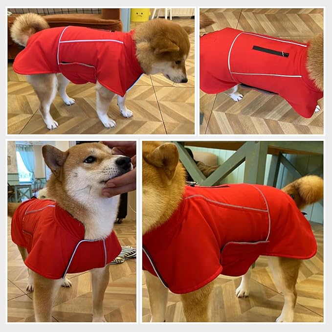 ROZKITCH Great Dane Sweater, Waterproof Windproof Dog Rain Jacket with Fleece Liner and Leash Hole Reflective Strip for Giant Dog, Adjustable Poncho Vest for Outdoor Hiking Travel Red 4XL