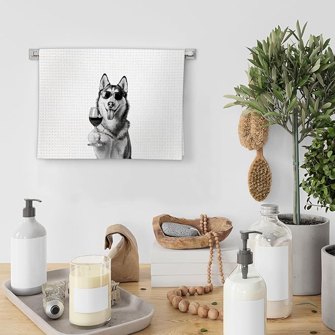 Husky Gifts Wine Dog Kitchen Towels, Gifts for Husky Dog Wine Lovers Decorative Hand Dish Towel for Kitchen Home Bar, Funny HuskyDog WineLover Home Bar Kitchens Decor(16x24 Inch)