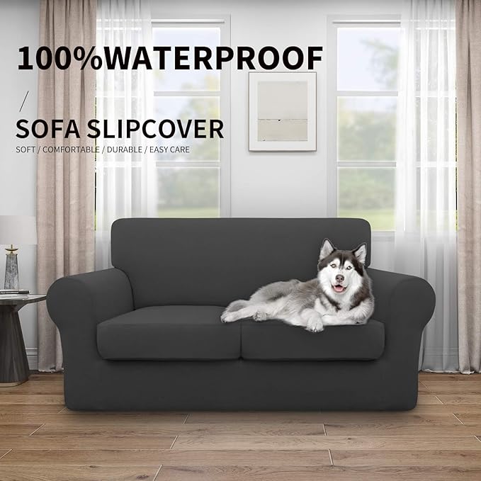 Easy-Going 100% Dual Waterproof 3 Pieces Loveseat Cover Stretch Soft Couch Cover for Dogs, Sofa Slipcover for 2 Separate Cushion Couch Leakproof Furniture Protector for Kids, Pets Dark Gray
