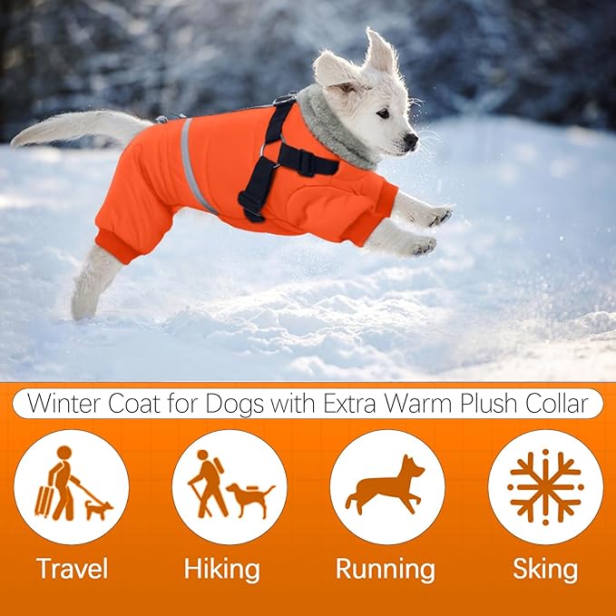 BRKURLEG Small Dog Winter Coat with Harness Built in, Orange Winter Dogs Jackets, Fullbody Dog Coat, Dogs Snowsuits Reflective Windproof Cold Weather Coats, Pet Warm Fleece Coats, S