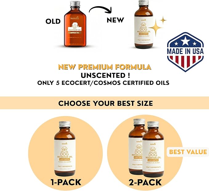 KELEBS Dog Arnica Massage Oil | Pain Relief for Muscles, Arthritis, HIPS, and Joints | for Active & Senior Dogs | Organic Arnica-Infused Oil Blend – Only 5 Ingredients | Glass Bottle (2 Pack)