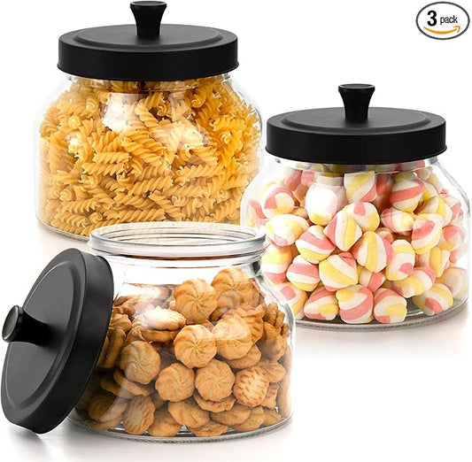 AVLA 3 Pack Glass Jars with Metal Lid, 58 OZ Clear Round Cookie Candy Jar, Food Storage Container with Black Lid, Empty Canister Set for Kitchen Counter, Pasta, Dog Treat, Snack