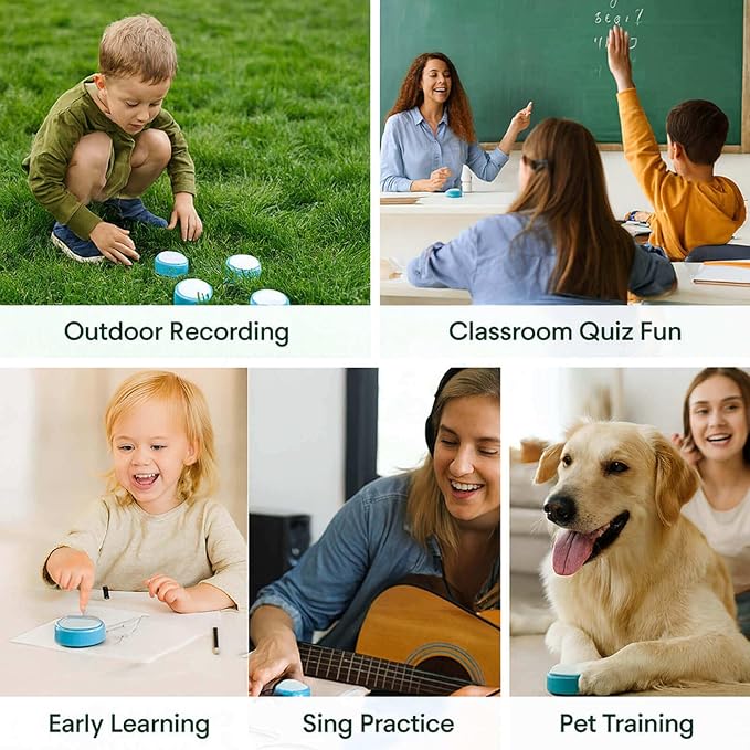 Set of 4 Small Voice Recording Buttons, Loud Clear Dog Cat Recorder for Animal Communication, Blue Pet Training Talking Buzzer, Rechargeable 30s Record & Playback Starter Set for Home Office