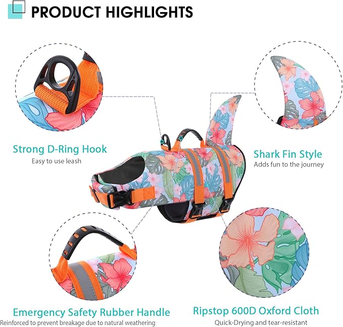 Queenmore Dog Life Jacket High Flotation, Reflective Dog Life Vest for Swimming, Adjustable Dogs Life Preserver Rescue Handle Spring Summer Pool for Small, Medium, Large Dogs (HawaiiOrange,XL)