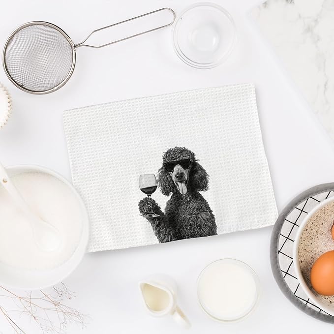 Gifts for Poodle Dog Wine Lovers Kitchen Towels Set of 2, Poodle Gifts Wine Decorative Hand Dish Towel for Kitchen Home Bar, Funny PoodleDog Beer Lover Home Bar Cart Decor(16x24 Inch)