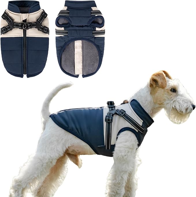 Dog Winter Coat for Small & Medium Dogs, Waterproof Dog Coat with Harness, Puppies Windproof Puppy Puffer Jacket, Snowsuit for Dachshund, Frenchie, Corgi (Classic Blue,XL)