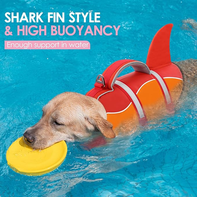 AOFITEE Dog Life Jacket, Dog Life Vest for Swimming, Shark Dogs Swimming Vest with Rescue Handle and Reflective Stripe, Ripstop Pet Float Coat Swimsuit Lifesaver Small Medium Large Dogs Orange XS