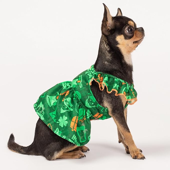Fitwarm St Patricks Day Ruffle Dog Dress, Lucky Dog Clothes for Small Dogs Girl, Funny Pet Outfit, Green, Orange, Small