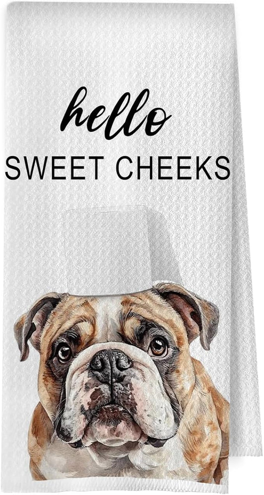 English Bulldog Bathroom Decor - Funny English Bulldog Gifts Waffle Decorative Hand Towels, Hello Sweet Cheeks Bathroom Decor, 16x24 Inches
