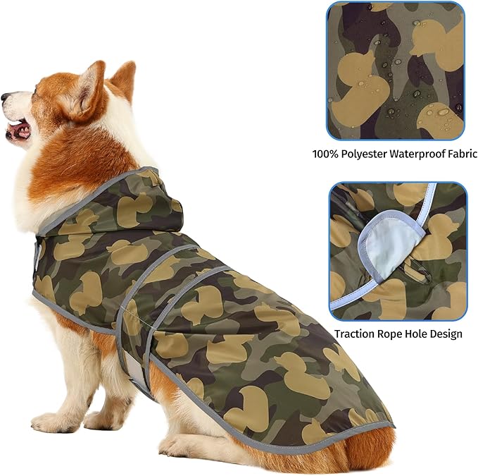 Dog Raincoat for Large Dogs Waterproof Jacket Hooded Rain Coats with Reflective Strips Leash Hole & Poncho Adjustable Fit (CamoDuck,L)