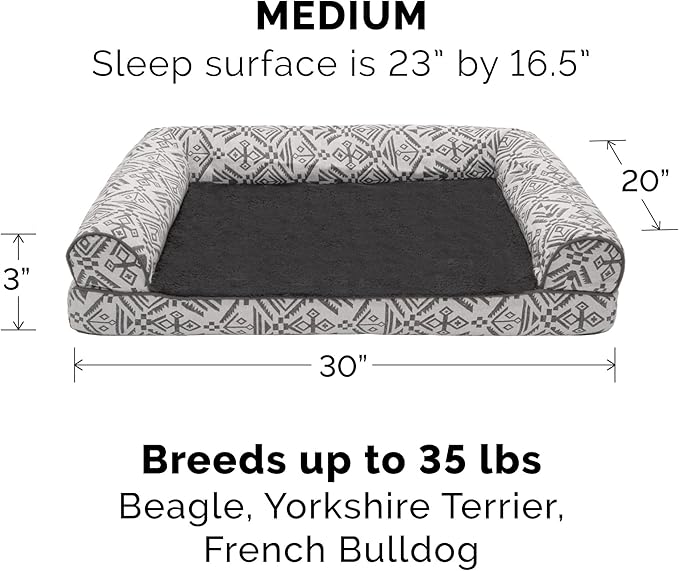 Furhaven Memory Foam Dog Bed for Medium/Small Dogs w/ Removable Bolsters & Washable Cover, For Dogs Up to 35 lbs - Plush & Southwest Kilim Woven Decor Sofa - Boulder Gray, Medium