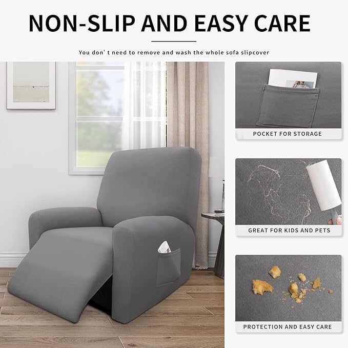 Easy-Going 4 Pieces 100% Dual Waterproof Recliner Cover Stretch Soft Couch Cover for Dogs, Sofa Slipcover for Recliner Couch Leakproof Furniture Protector for Kids, Light Gray