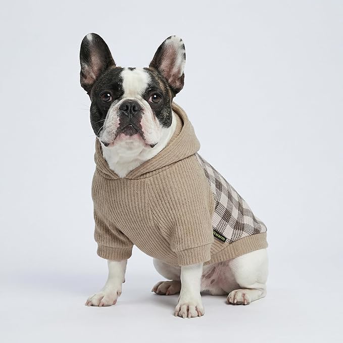 Fitwarm Tartan Plaid Dog Hoodie, Knitted Dog Clothes for Small Dogs Boy, Pet Sweatshirt, Knitted Sweater, Beige, XXL