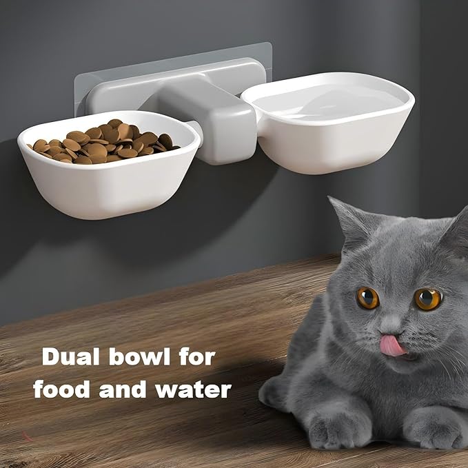 Dog Proof Cat Bowls, Wall Mounted Cat Food and Water Double Bowls Set, Elevated Pet Dish Feeding Station, White