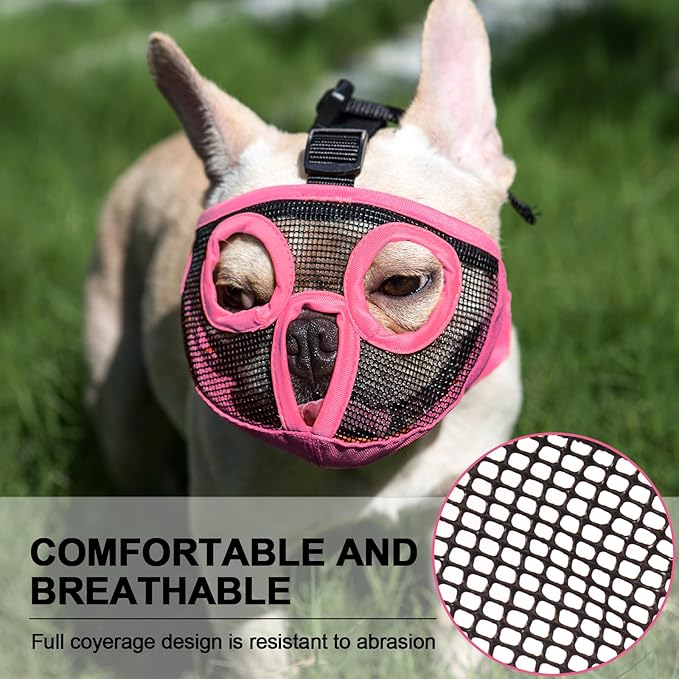 Short Snout Dog Muzzles- Adjustable Breathable Mesh Bulldog Muzzle for Biting Chewing Licking Training Grooming Dog Mask (Pink, Medium/11-17")