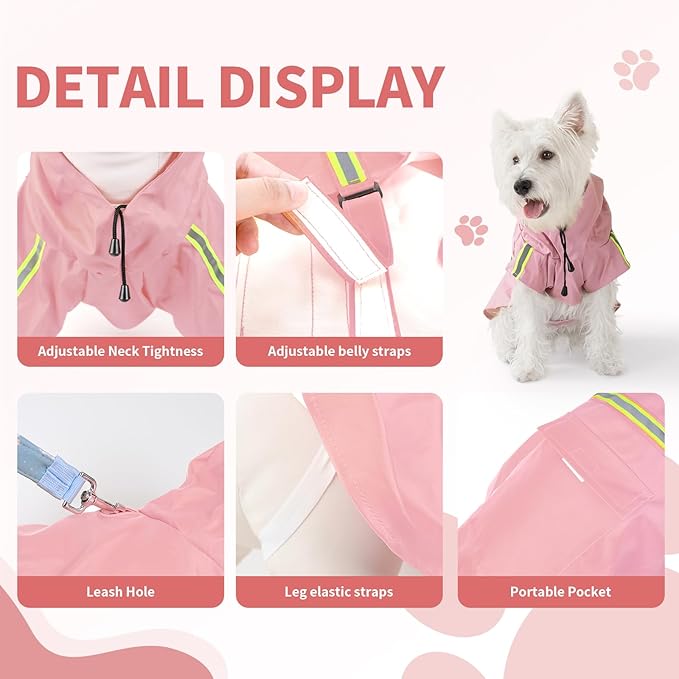 Dog Raincoat, Waterproof Windproof Dog Rain Jacket Adjustable, Rain Coat with Leash Hole, Reflective Strap Raincoat Poncho for Small Medium Large Dogs Outdoor (Reflection-Pink, XXS)
