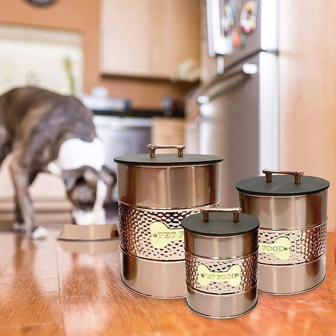 nu steel metal hammered copper 3 Pc set Jumbo Pet Canister with sturdy bone plaque, Dog Food Treat Storage Container Jar with wooden Lid with bone handle, Tight Fitting Lids for Dog Biscuit Cookies