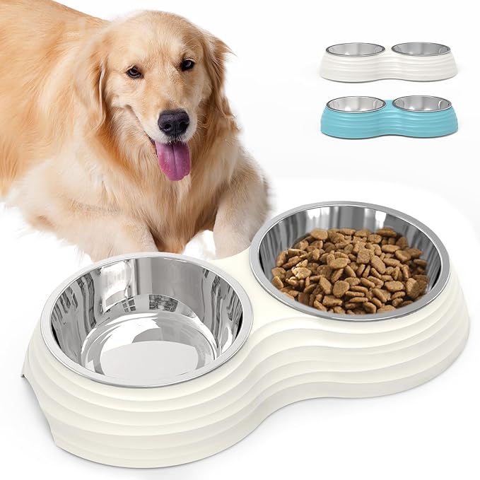 Stainless Steel Dog Bowls Set, Double Food & Water Bowls for Dogs, Dual Dog Food Bowl with 2 Small (6oz*2) Bowl, Non-Slip Pet Bowls Suitable for Puppies, Kittens and Small Breed Dogs (White)
