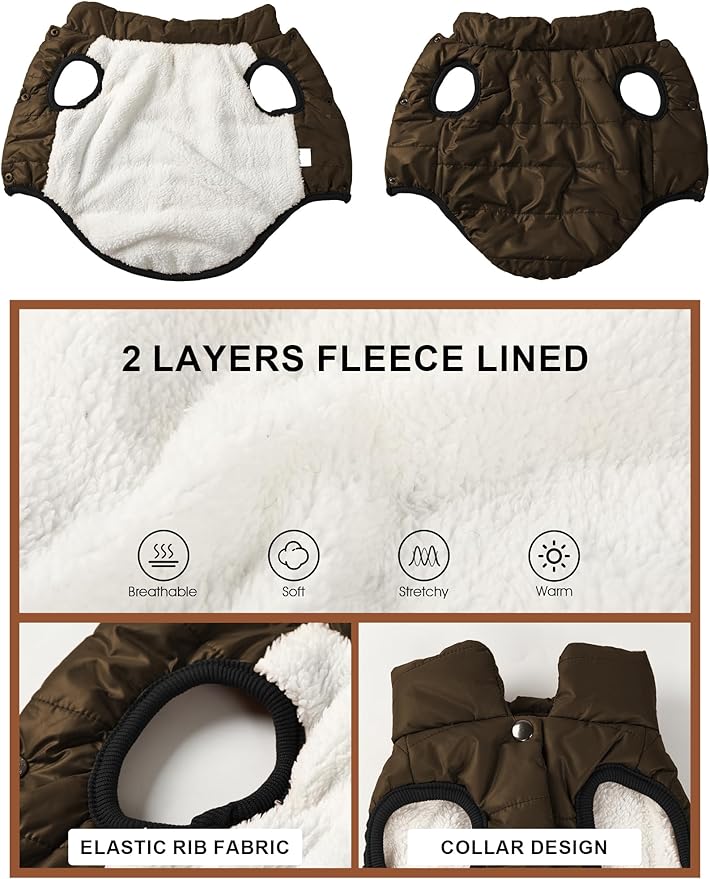 AURUZA Dog Winter Coat, Warm Waterproof Dogs Jacket Small Pet Vest for Medium Dogs Windproof Pet Fleece Vest Snow Jacket for Cold Weather(Brown, M)