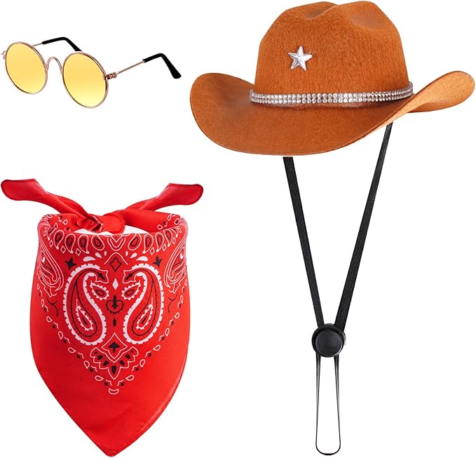 Pet Cowboy Costume Accessories for Dogs Cat Mini Cowboy Hat Sunglasses with Bandana for Halloween Party Western Cosplay (Brown)