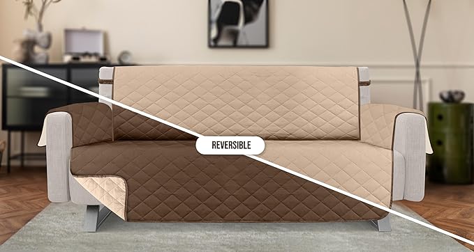 Utopia Bedding Reversible Sofa Couch Cover, Water Resistant Slipcover Furniture Protector with Foam Sticks and Elastic Straps for Kids Dogs Pets (3 Seater, Brown/Beige)