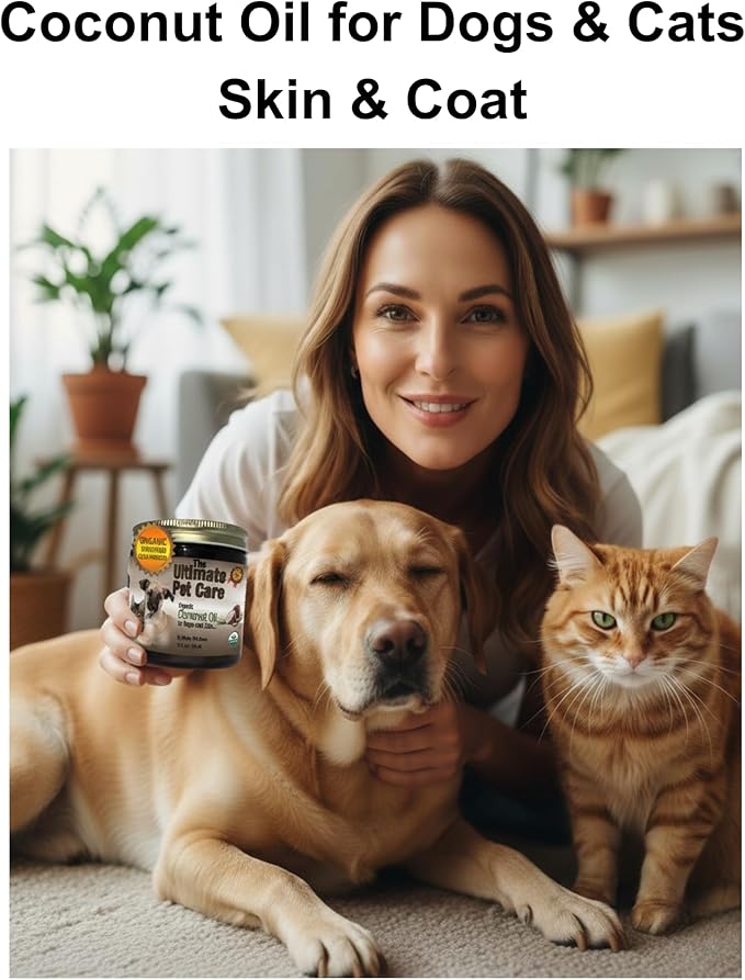 100% Organic Coconut Oil for Dogs & Cats - Skin and Coat - 16 fl oz - Use Topically on Dry Itchy Skin, Paws, Elbows and Cracked Nose - Cold Pressed, All Natural and Safe to Eat - Soothes and Protects