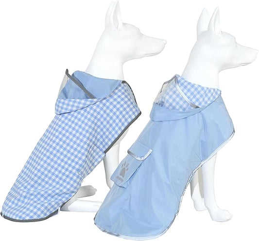 MAMORE Dog Raincoat Reversible,Waterproof Dog Rain Coat Hooded Slicker Poncho with Reflective Strip, Plaid Double Layer Rain Jacket for Small Medium Large Dogs (Light Blue, XX-Large(55-77lb))