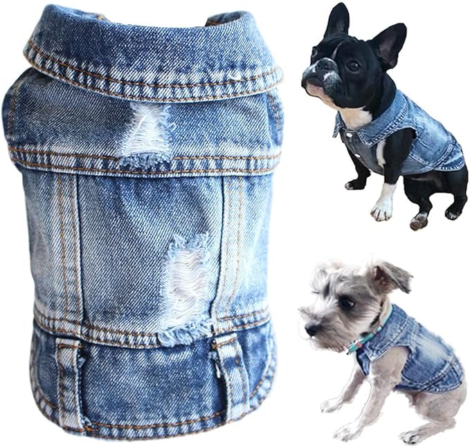 Jean Jacket for Dogs, Blue Denim Lapel Vest Coat Costume, T-Shirt Clothes, Cool and Funny Apparel Outfits, Machine Washable for Small Medium Dogs Cats (XL)