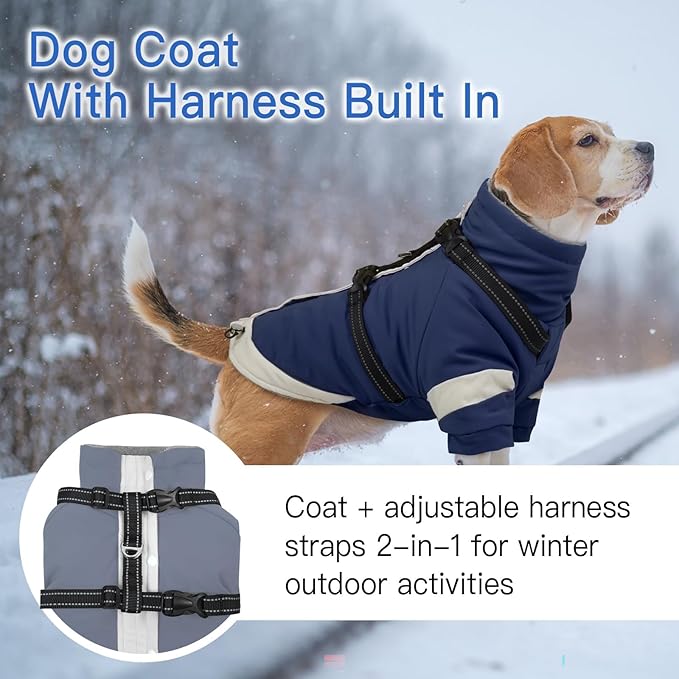 Turtleneck Dog Coat with Harness Built in - S,Soft Warm Lining | Adjustable Reflective Harness Coats for Small Dogs,Snow Day Water-Repellent,Windproof & Cold-Resistant Jacket (Navy-Blue)