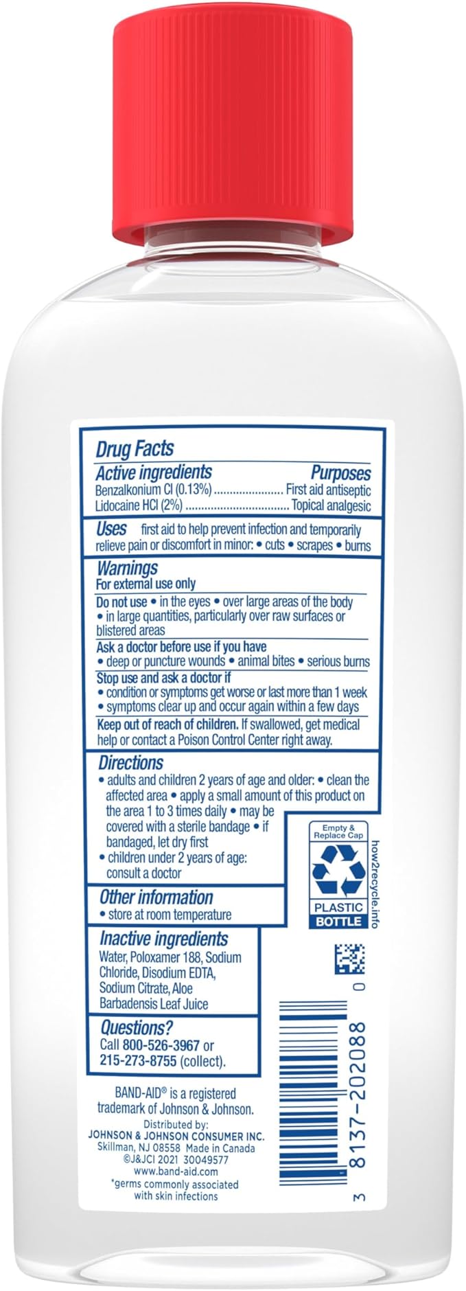 Band-Aid Brand Antiseptic Cleansing Liquid, First Aid Antiseptic Wash Relieves Pain & Kills Germs, with Benzalkonium Cl Wound Antiseptic & Lidocaine HCl Topical Analgesic, 6 fl. oz