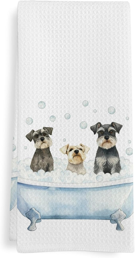 Schnauzer Dog Bathroom Hand Towel, Schnauzers Gifts for Women, Funny Mini Schnauzer Hand Towel for Bathroom Kitchen Washroom Decor, Miniature Schnauzers Dogs in Bathtub Dish Tea Towels, 16x24