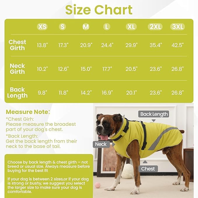 QBLEEV Large Dog Coat, Dog Winter Jacket for Large Dogs, XX-Large Waterproof Cold Weather Vest with Built-in Harness, Zipper & Reflective, Windproof Thick Warm Fleece Snowsuit Clothes, Green, XXL