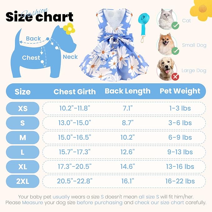 Cute Dog Dress Small Dog Clothes For Girls Female Puppy Outfits Blue Daisy Pet Summer Clothes Bowknot Doggy Cat Princess Dress Harness Set for Holiday Birthday Party Costume Clothing (Blue,XXL)