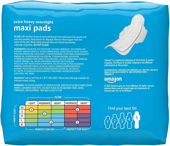 Amazon Basics Thick Maxi Pads with Wings for Periods, Feminine Pads with Leakage Protection, Extra Heavy Overnight Absorbency, Unscented, Size 5, 80 Count (4 Packs of 20) (Previously Solimo)
