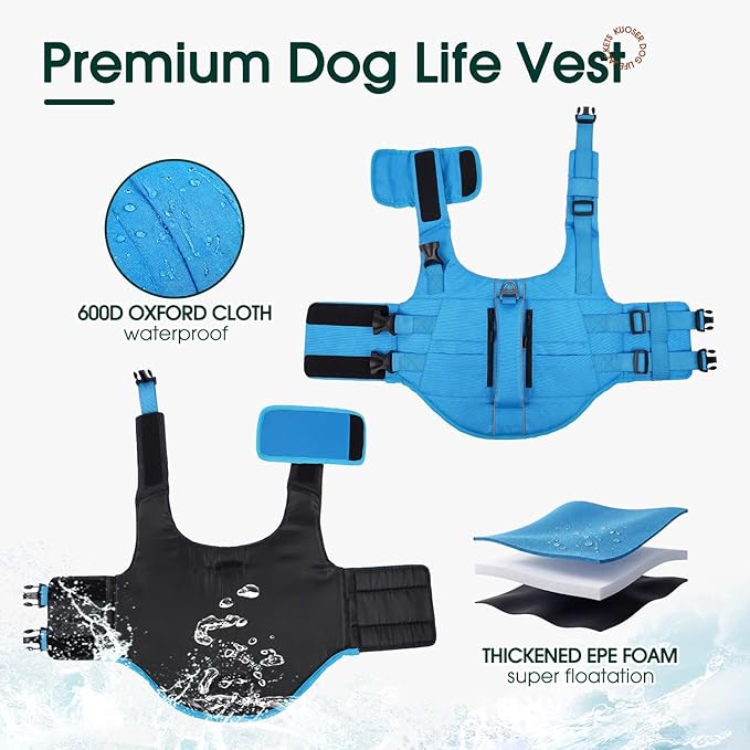 Kuoser Dog Life Jacket, High Flotation Dog Life Vest for Swimming Boating, Adjustable Small Medium Large Dogs Swim Vest with Rescue Handle and Pocket, Reflective Safety Pet Lifejacket Floats for Pool
