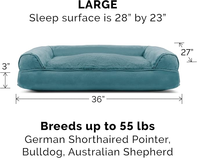 Furhaven Pillow Dog Bed for Large/Medium Dogs w/ Removable Bolsters & Washable Cover - Plush & Suede Sofa - Deep Pool, Large